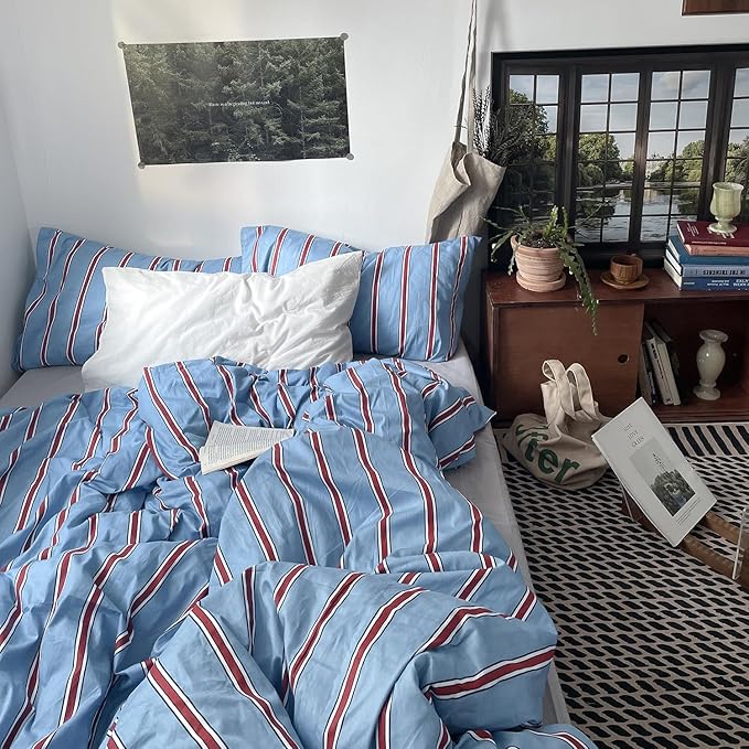mixinni Vintage Striped Blue Duvet Cover Full - 100% Cotton Red Stripes 3-Piece Bedding Duvet Cover Set with Zipper Closure, Soft & Breathable Retro Design for All Seasons (Full Size)