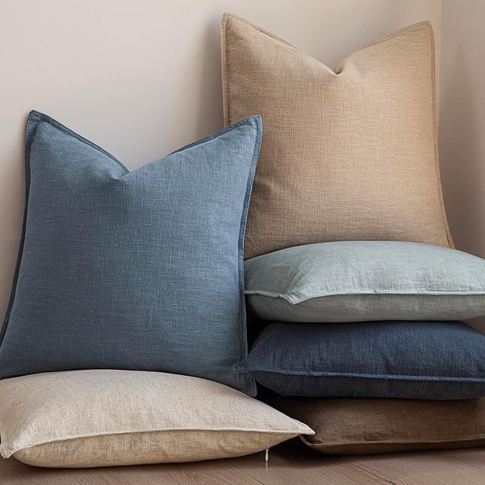 Foindtower Set of 2, Decorative Linen Soild Throw Pillow Covers Soft Accent Euro Cushion Case Boho Farmhouse Neutral Pillowcase for Couch Sofa Bedroom Living Room Home Decor 26 x 26 Inch Misty Blue