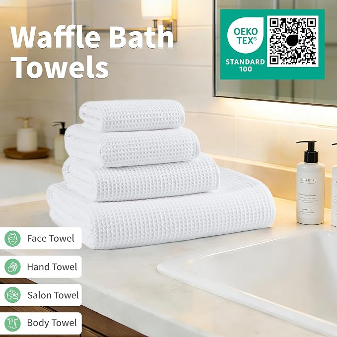 MICROFI Waffle Weave Bath Towel Set, Microfiber, 4 Pieces (Body/Hair/Hand/Face), Quick Dry, Lightweight, Super Absorbent, Lint Free, 380 GSM (White)