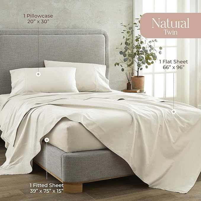 100% Organic Cotton Sheets Twin Size - GOTS Certified Organic Bed Sheets with Deep Pocket 300 Thread Count & Cozy Sateen Weave Gets Softer with Each Wash - Luxury 3 Piece Set (Natural, Twin)