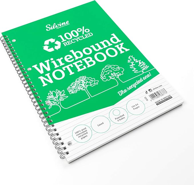 Silvine Everyday Notebook Recycled Wirebound Punched Ruled 104pp 70gsm A4 Ref TWRE80, Pack of 12