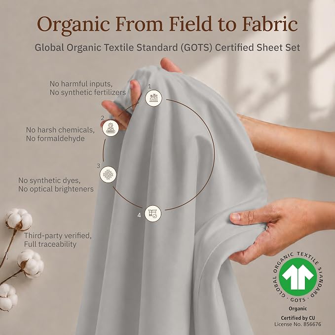 California Design Den 100% Organic Cotton Bed Sheets Full Size Set - Soft and Lightweight Sateen, Deep Pocket Full Sheets Sets, Durable Bedding - Light Grey
