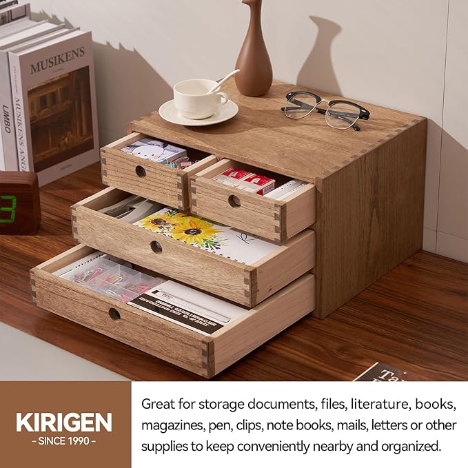 KIRIGEN Wood Desktop Storage Cabinet with 4 Drawers, 3-Tier Desk Organizer for Letter-Size Paper, Mail, Home Office Supplies, Makeup, Crafts, Desk or Countertop, Fully Assembled, Brown WJG34-DBR