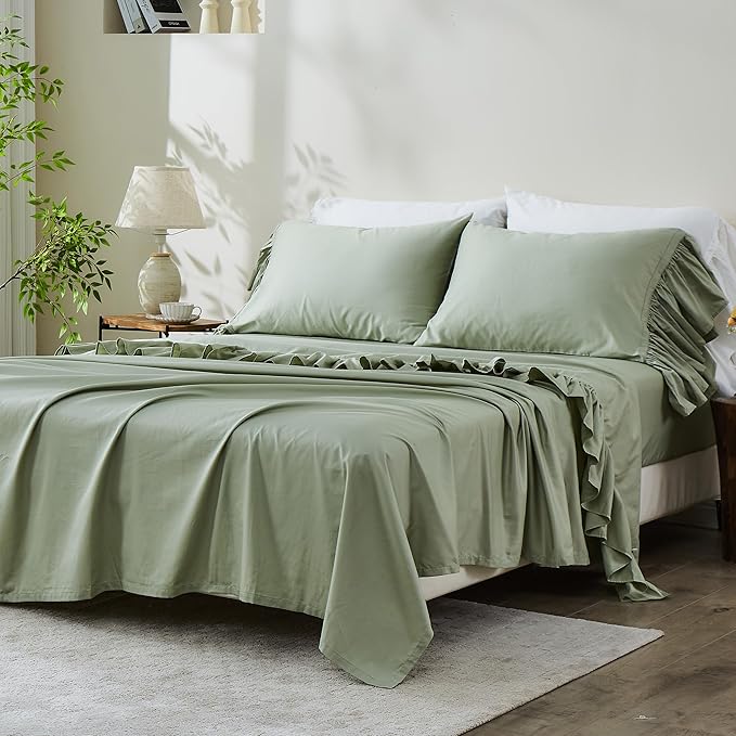Simple&Opulence 100% Organic Cotton Sheet Set, Long Ruffle Bed Sheets (1 Flat Sheet, 1 Fitted Sheet and 2 Pillowcases) Elegant Shabby Chic Bedding Farmhouse Charming Vintage - Sage Green, Full