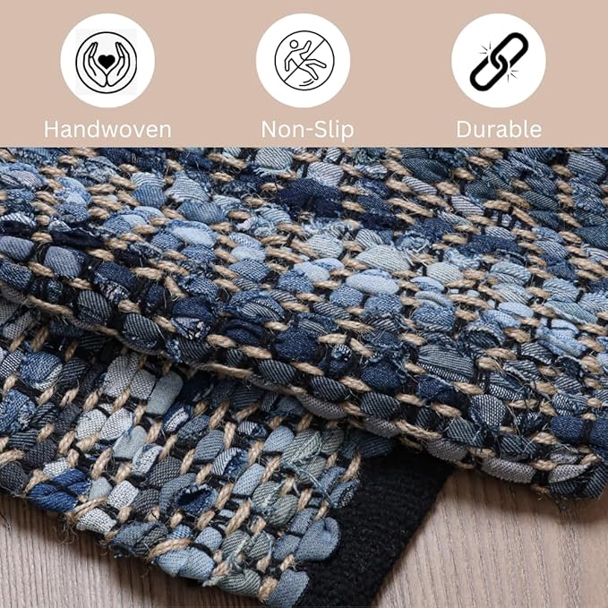 Hand Woven Area Rug Jute Denim 2x3 Feet - Rustic Farmhouse Bohemian Accent Rug for Living Room Bedroom Kitchen Entryway Floor Mats Anti Skid - Ideal for High Traffic Areas Rag Rug