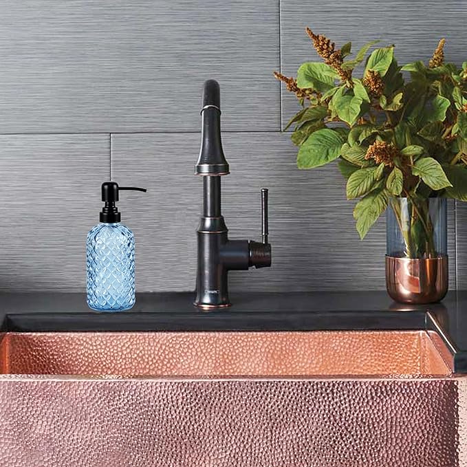 12Oz Glass Soap Dispenser with 304 Black Rustproof Stainless-Steel Pump, Refillable Glass Soap Dispenser for Kitchen, Bathroom, Farmhouse (Blue)