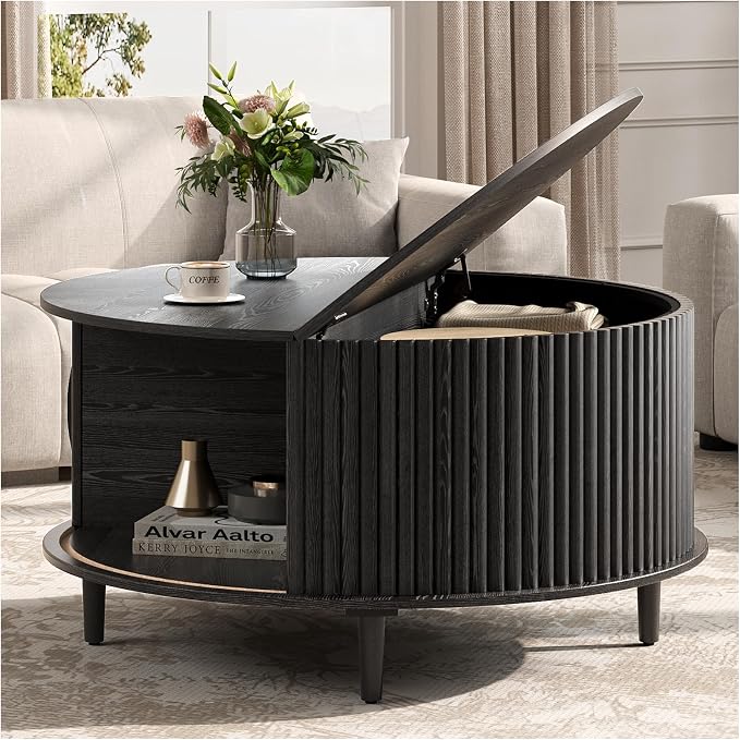 JOINICE 31.5" Round Coffee Table with Storage for Living Room, Black | Hidden Storage,Fluted Sliding Door,Modern Center Table for Small Apartments,Solid Wood Legs,Easy Assembly,Up to 110 lbs