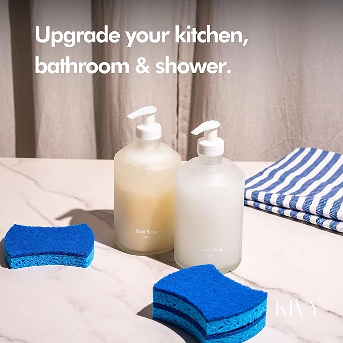 KIVY Glass Soap Dispenser Set [INCL. Waterproof Labels] - Glass Soap Dispenser with Pump - Hand Soap and Dish Soap Set - for Kitchen, Shower & Bathroom - Refillable (Matte White)