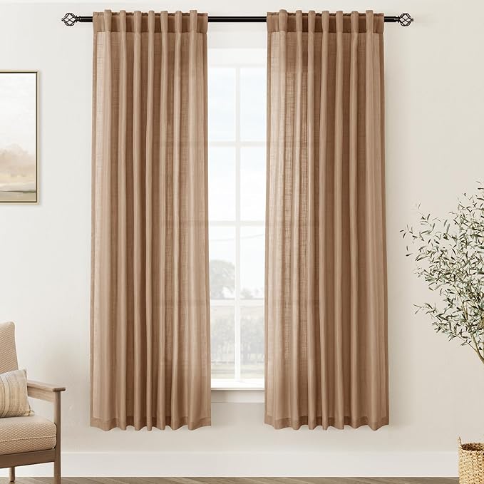 Brown Curtains for Living Room Back Tab Modern Farmhouse Semi Sheer Brown Curtains 72 inches Long 2 Panels Set Muted Neutral Window Curtain for Dining Room Bedroom 52x72