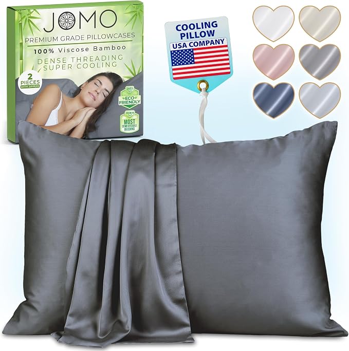 Zippered Pillowcases - King Size 36x20, 100% Viscose Derived from Bamboo, 2 PK, Dark Gray - Cooling Pillow Cases - Silky Pillow Covers for Hot Sleepers, Menopause, Night Sweats - by JoMo