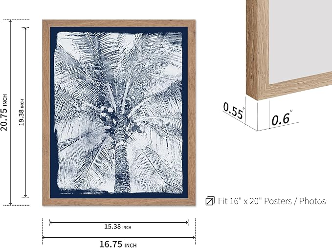 Monem Art Coastal Palm Tree Cyanotype Print - Blue and White Tropical Botanical Design Poster - Wall Decor for Beach House, Bedroom or Living Room - 16x20 Beige Framed Wall Art by Renee Stramel