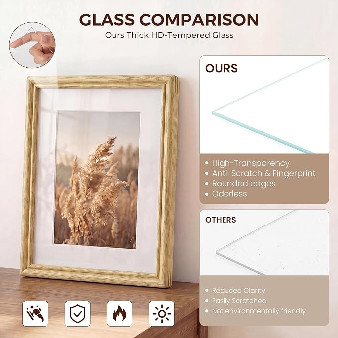 6x8 Picture Frame with Mat for 5x7, USA-Sourced Natural Oak Wood Handcrafted Rounded Corner with HD Tempered Glass, 6 x 8 Photo Frames Gallery Wall & Tabletop, Vertical or Horizontal Display
