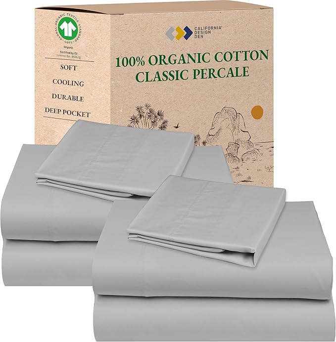 California Design Den Pack of 2 Twin Sheets Set - 100% Organic Cotton Sheets Twin Size Bed Set, Crisp and Breathable Percale Feel, Deep Pockets, Lightweight Bedding - Light Grey