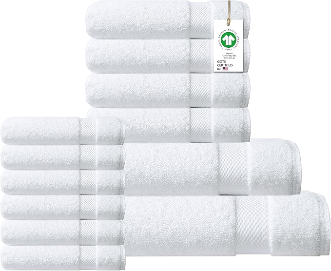 100% Organic Cotton Towels 650 GSM Plush Feather Touch Quick Dry Towel, 12-Piece Towel Set GOTS Certified, Oeko-Tex Green Certified, 1 Bath Towel, 1 Bath Sheet, 4 Hand Towels & 6 Wash Cloths