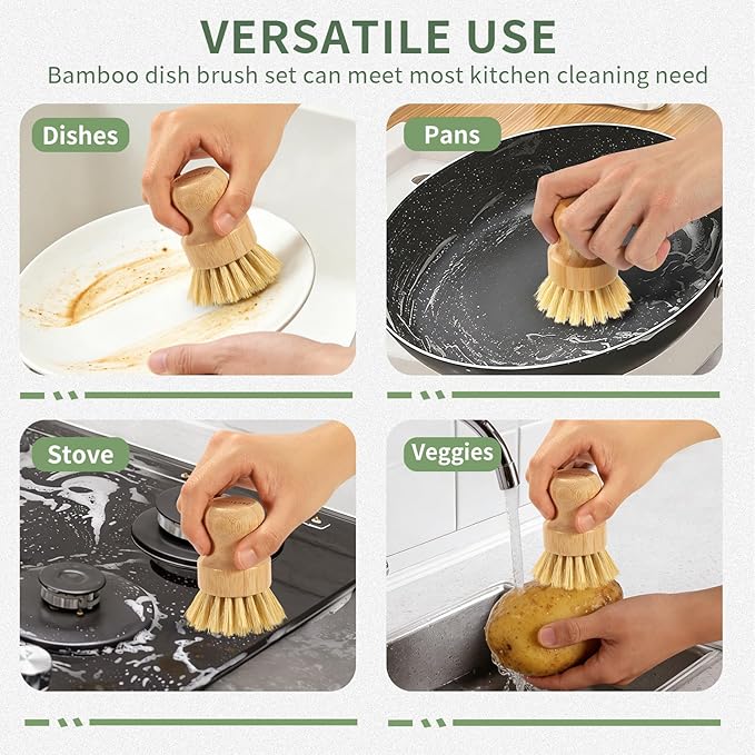 6 PCS Bamboo Dish Brush Set - Natural Scrub Brush for Dish with Tray and Drain Holder, Wooden Dish Scrubber for Kitchen Cleaning Dishes, Pots, Pans and Vegetables (6)