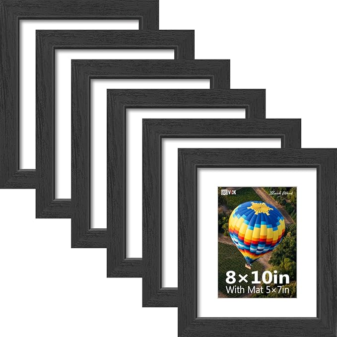 VCK 8x10 Picture Frames Black - 6 Pack, Wide Border Solid Wood, Tempered Glass, Display 5x7 Photo with Mat or 8 x 10 Without, for Home, Office, Gallery, Woodgrain Series, Tabletop & Wall Hanging