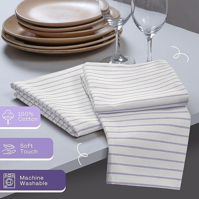 Lavender Stripe Cloth Napkins (Set of 6), Large 18 x 18 Inches, 100% Cotton, Machine Washable, Classic Striped Fabric Napkin for Dinner, Luncheon, Cocktail, Celebrations, Daily Use