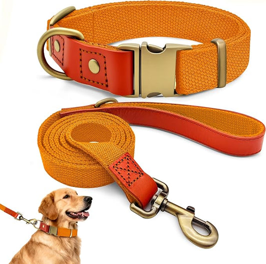 Dog Collar and Leash Set with Metal Quick Release Buckle, Adjustable, Breathable Nylon, Durable, Soft and Comfortable, No Pull for Walking and Training, Orange, XL (16.9"-26")