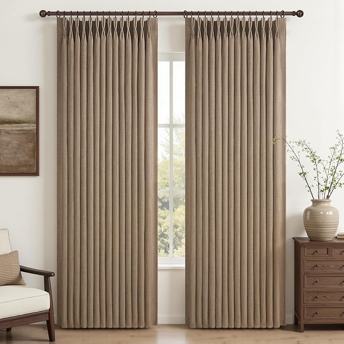 Rust Brown Pinch Pleated Blackout 90 Inch Curtains for Sliding Glass Doors 2 Panels Set, Memory Shape Linen Thermal Sound Dampening Dual Layer Heavy Drapes Textured Windows Curtain 40x90 Inches Long