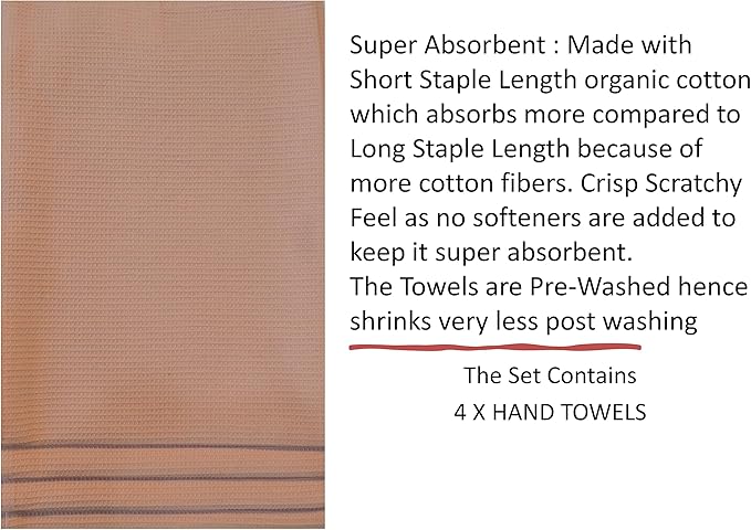 WAFFLE HAND TOWELS PACK OF 4, 20X29 INCHES, 100% NATURAL ORGANIC COTTON GOTS CERTIFIED (PEARL BLUSH) SUPER ABSORBANT & QUICK DRY, NO SOFTENERS, ENVIRONMENT FRIENDLY