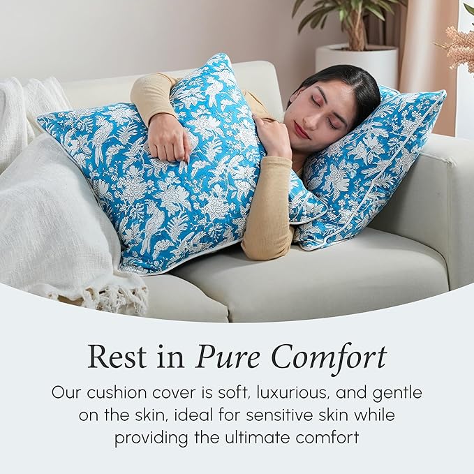 CPC 100% Cotton Throw Pillow Covers 20x20 Inch, Set of 2 Blue Block Print Pattern Couch Pillow, Cute Boho Decorative Pillows for Living Room, Bedroom with Hidden Zipper- Blue Sapphire