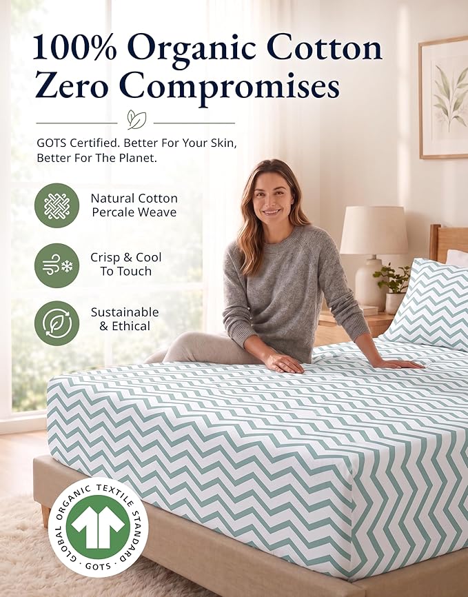 LANE LINEN 100% Organic Cotton Twin XL Fitted Sheet, 2-Piece Set (1 Fitted Sheet, 1 Pillowcase), Percale Weave, Lightweight, Soft, Breathable, Fits Mattress Upto 15' Deep - Cool Blue Chevron