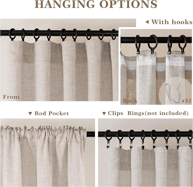 Semi Sheer Linen Curtains 96 Inches Long Tan Burlap Rustic Farmhouse Curtains for Living Room Bedroom Long Drapes Rod Pocket Hook Belt Light Filtering Privacy Drapes 96 Inch Length 2 Panels