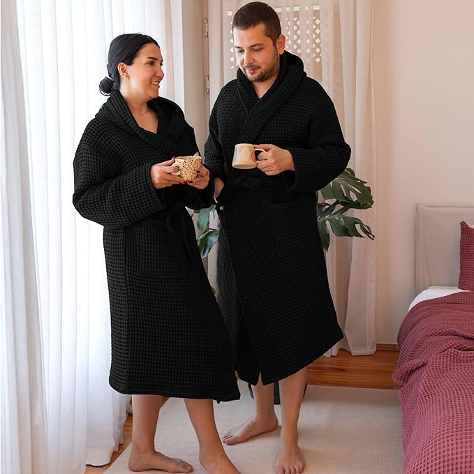 100% Turkish Cotton Men's Waffle Robe with Hooded, Premium Soft Cozy Housecoat or Quick-Dry Bathrobe for Mens