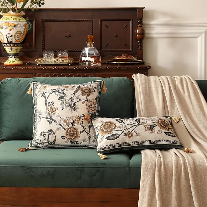 ISAENNE Design Linen Chinoiserie Square Throw Pillow Covers 18"x18" Pack of 2, Farmhouse Cushion Covers with Yellow Floral Birds Pattern Decoration Pillowcases for Bed,Living Room,Outdoor,Car
