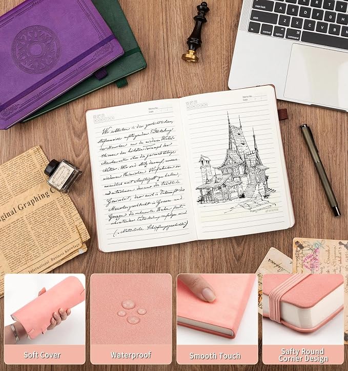 Lined Journal Notebook, A5 Leather Vintage Journals for Writing, 288 Pages College Ruled Notepad for Women Men, Vegan Leather Daily Notebook for Work, School, Travel, Note Taking(Celtic Star, Pink)