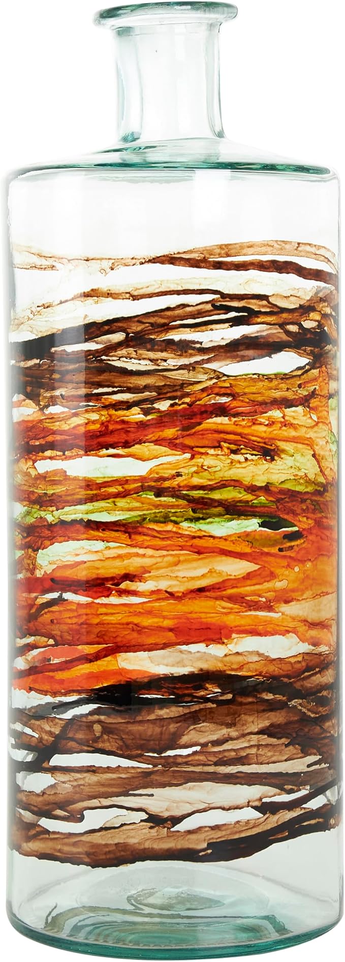 Deco 79 Recycled Glass Decorative Vase Abstract Spanish Bottle Centerpiece Vase with Swirled Colored Glass Bands, Flower Vase for Home Decoration 6" x 6" x 16", Clear