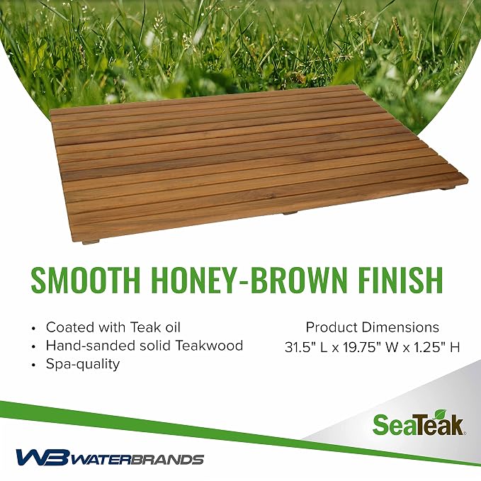 SeaTeak Rectangular Wooden Teak Shower Mat | Waterproof Mat | Indoor Bath Mat | Outdoor Shower Platform | 31.5" L x 19.75" W x 1.25" H