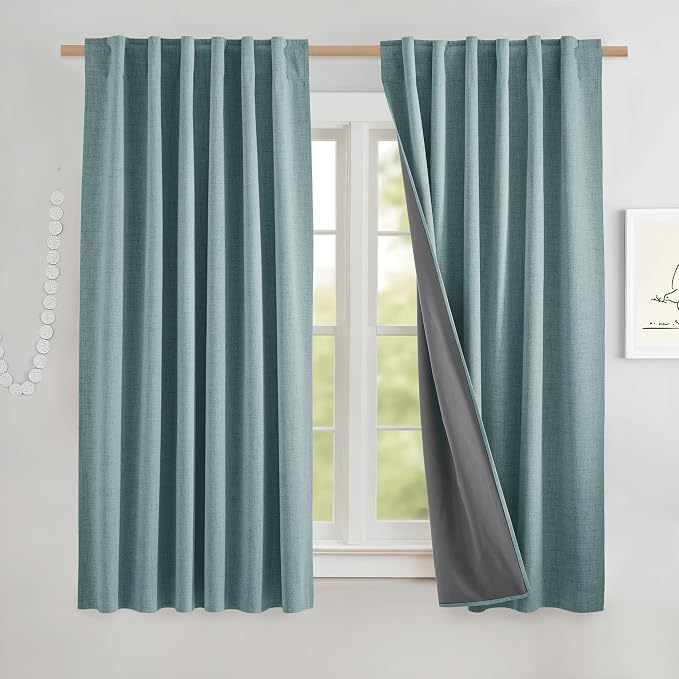 NICETOWN Skylark Blue 100% Blackout Short Curtains 63" Long for Kitchen, Burlap Linen Blend Drapes with Thermal Insulated Grey Liner, Keeping Out Cold Air and Heat Panels (Set of 2, 52" Width)