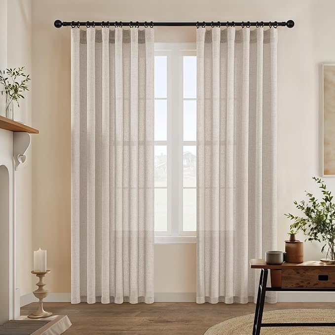 Beige Tan Linen Curtains 94 Inches Long for Living Room 2 Panels Set Light Filtering Semi Sheer Curtains Luxury Rod Pocket Hook Belt Privacy Boho Farmhouse Linen Drapes for Bedroom 94 Inch Length