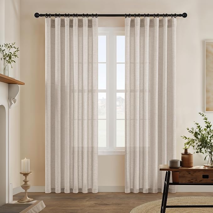 Linen 90 Inch Curtains 2 Panels for Dining Living Room Semi Sheer Light Filtering Farmhouse Curtains with Rod Pocket Hook Belt Privacy Tan Beige Flax Linen Long Window Drapes 90 Inch Length