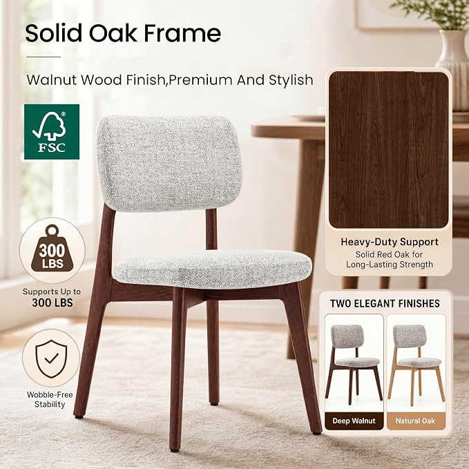 COLAMY Dining Chairs Set of 2, Modern Upholstered Kitchen Room Chairs with Solid Red Oak Wood Legs, 5-Min Easy Assembly Anti-Wobble, High-Weight Fabric Farmhouse Side Chair, 300lbsWalnut,Beige