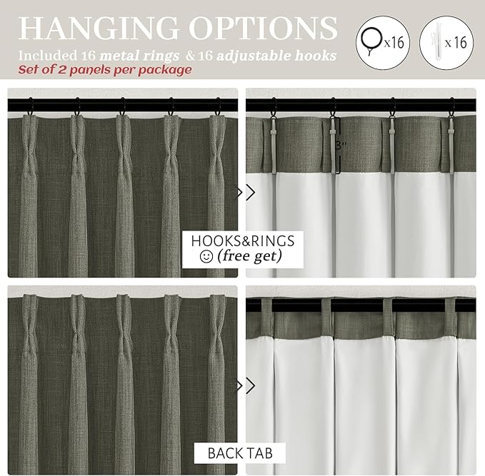 Greenish Gray Linen Curtains 84 Inch Length 2 Panels Set for Bedroom, Boho Pinch Pleated Blackout Dual Layer Thick Drapes 84 Inches Long Insulated Soundproof Window Curtain with Back Tab Kambaba Grey