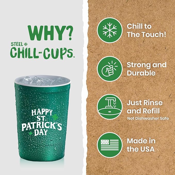 Steel Chill Cups 16 oz. Party Cups 'St. Patrick's Day' Clover Design for Cold Drinks, Durable, Disposable, Recyclable, Made in USA, Green, 12 Count