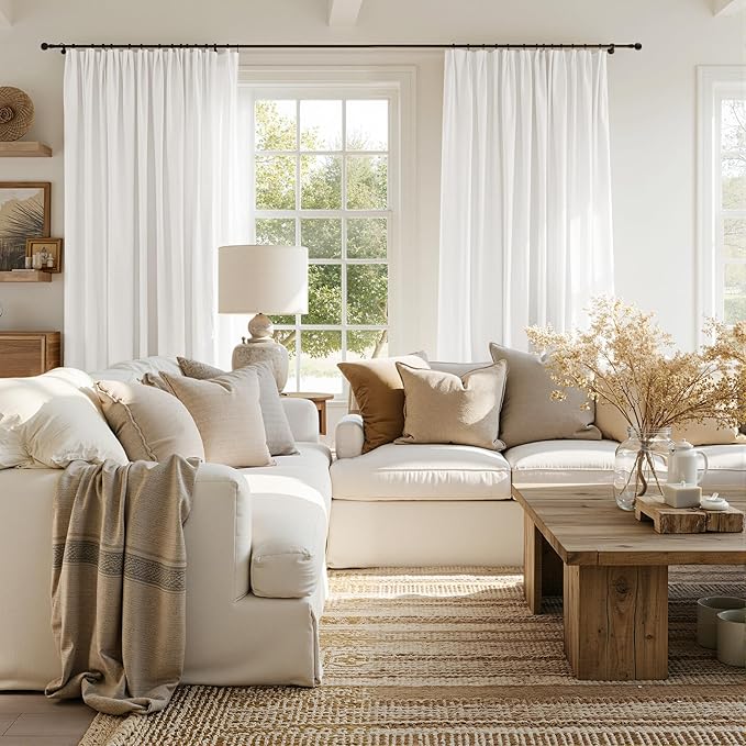 JINCHAN White Linen Curtains with Privacy Lining 84 inch Length Lined Curtains 84 inch Light Filtering Drapes for Living Room Bedroom Neutral Farmhouse Cottage Core Home Office Decor Back Tab 2 Panels
