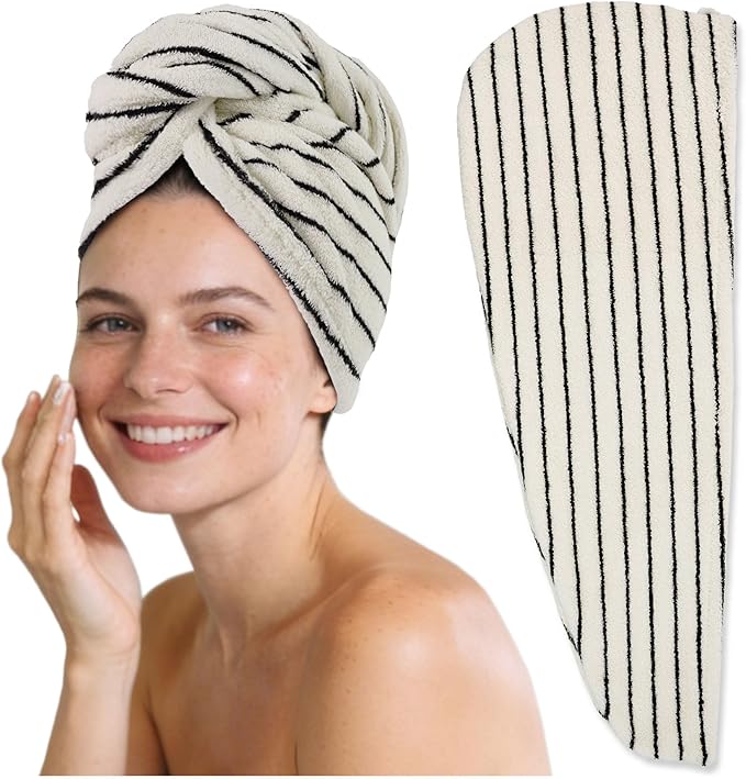 Jacquotha Cotton Hair Towel Wrap for Women (Black & White Striped) – Anti-Frizz Absorbent Quick Drying Hair Turban for Wet Hair, 25” x 9.5”, 1 Pack
