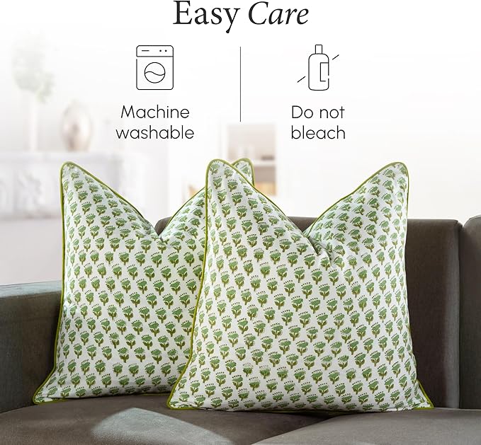 CPC 100% Cotton Throw Pillow Covers 16X16 Green Block Print Pattern Couch Pillow, Cute Boho Decorative Pillows for Living Room, Bedroom with Hidden Zipper- Emerald Green