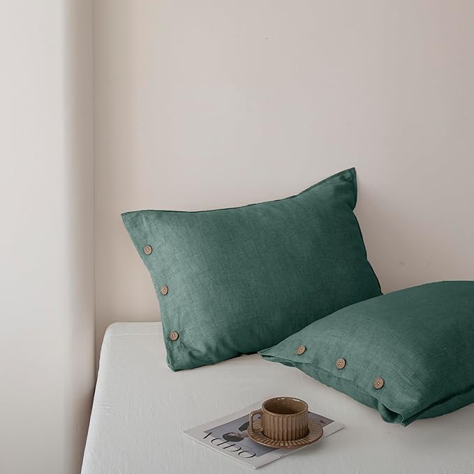 EVERLY 100% Linen Pillowcases Set of 2, French Linen from Normandy, 20X36Inch Standard Size, Natural Color, Coconut Buttons Closure, Flax Pillowshams-Pillowcase-Aqua