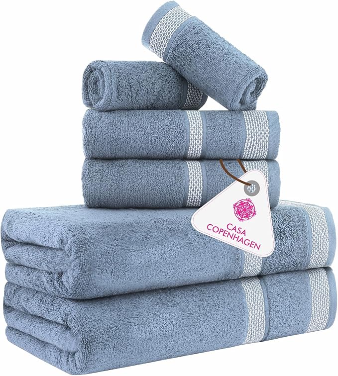 CASA COPENHAGEN Solitaire 6Pcs 100% Egyptian Cotton Large Designer Towels Gift Set- Slate Blue, 600GSM, 2Bath 2Hand 2Washcloths, Bath Towels for Bathroom Set for Women & Men