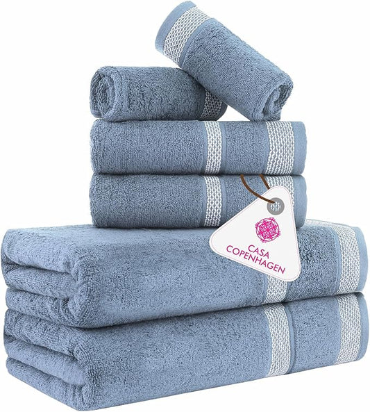 CASA COPENHAGEN Solitaire 6Pcs 100% Egyptian Cotton Large Designer Towels Gift Set- Slate Blue, 600GSM, 2Bath 2Hand 2Washcloths, Bath Towels for Bathroom Set for Women & Men