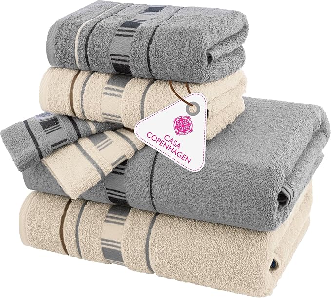 CASA COPENHAGEN X Line 6Pcs 100% Egyptian Cotton Large Designer Towels Gift Set- Grey - Cream, 600 GSM, 2Bath 2Hand 2Washcloths, Bath Towels for Bathroom Set for Women & Men