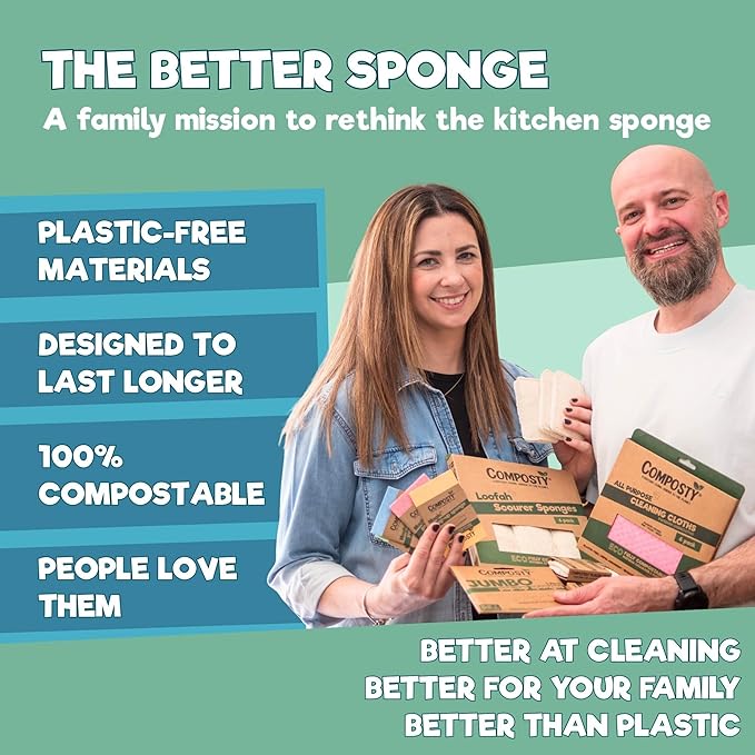 Composty® Loofah Eco Scourer Sponges, 6 Pack | Compostable Sponge/Natural Sponges for Dishes & Washing Up | 100% Natural & Plastic-Free | Long-Lasting | One Tree Planted for Each Pack Sold