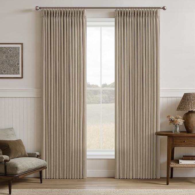 Farmhouse Pleated Thick Linen Curtains 80 Inch 2 Panels Set for Living Room Bedroom Camel Tan Light Filtering Semi Sheer Linen Blend Window Curtain with Hooks Rings 50 Inches Wide Back Tab Drapes