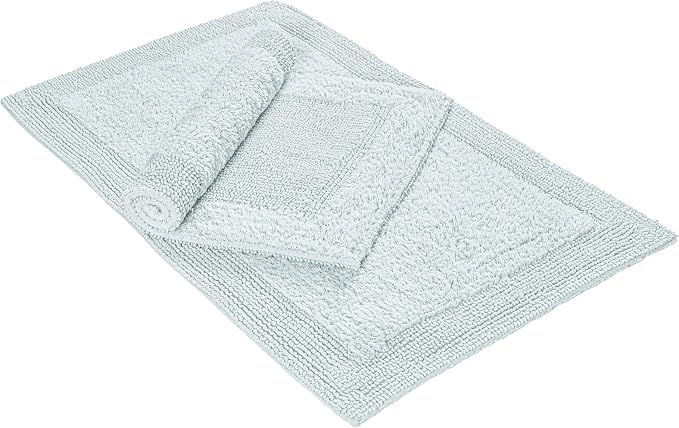 Bedding Craft Bathroom Bath Mat Rug – 100% Cotton, Reversible, Water Absorbent, Machine Washable, Soft Bathmat for Tub Side, Sets 2 Pieces (17x24+21x34) Silver Grey