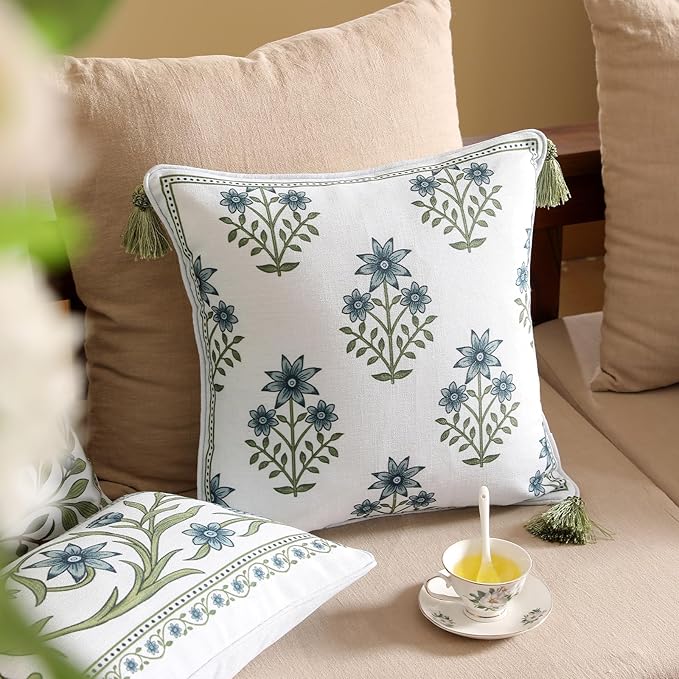 ISAENNE Design Fresh Linen Square Throw Pillow Covers 18"x18" Pack of 2, French White Cottage Cushion Covers with Blue Floral Branches Pattern Decor Pillowcases for Bed,Living Room,Outdoor,Car