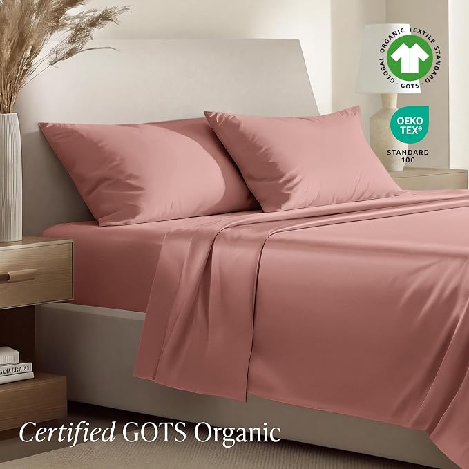 Bare Home 100% Organic Cotton Queen Sheet Set - 400 Thread Count - Smooth Sateen Weave - Breathable & Cooling - Hotel Luxury Set - Deep Pocket Bed Sheets (Queen, Dusty Rose)